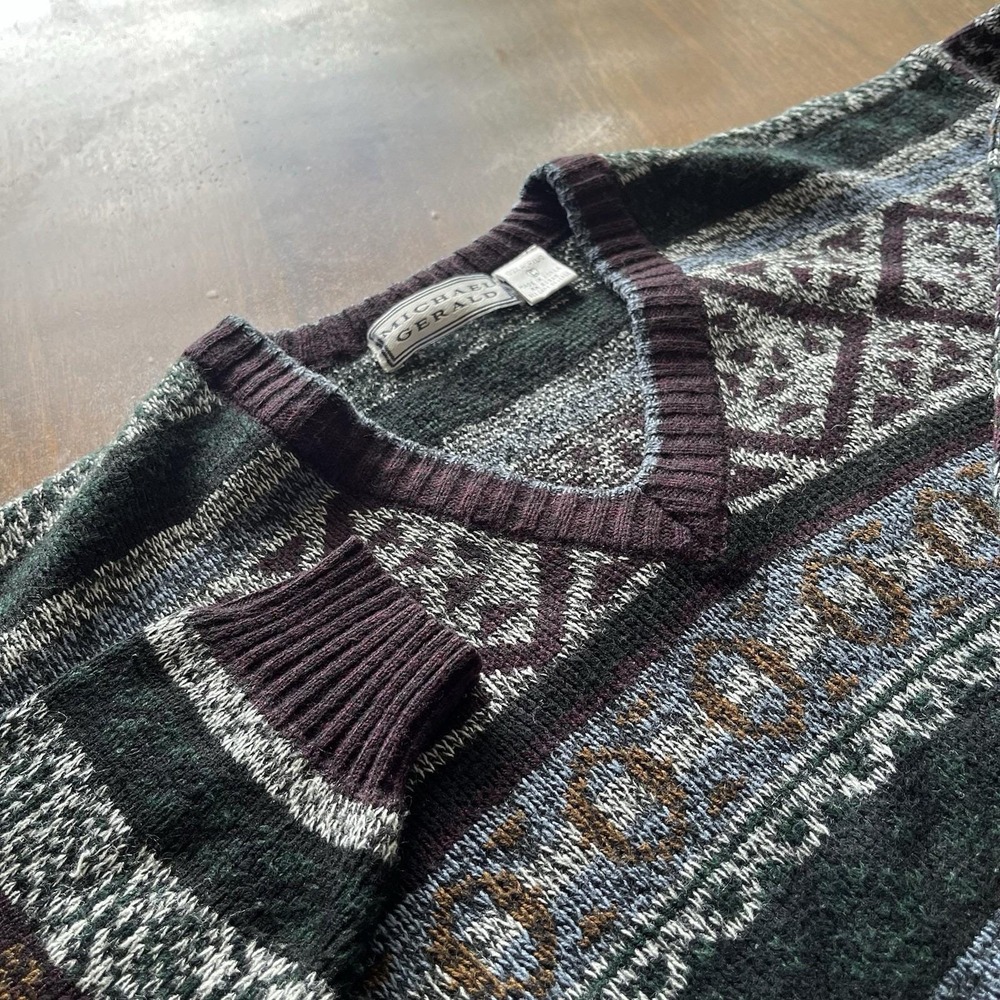 Michael Gerald Sweater Men's L Abstract Geometric Cosby Grandpa Knit 80s 90s VTG